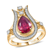 D'Joy Passport to Israel Niassa Ruby (FF), White Zircon Ring in 18K Vermeil YG Sterling Silver (Size 10.0) 3.50 ctw