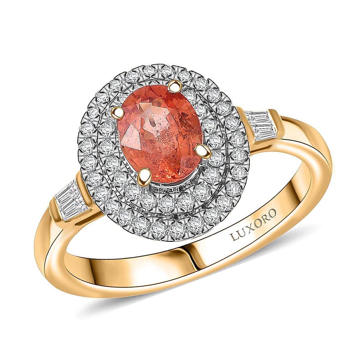 Luxoro 14K Yellow Gold AAA Padparadscha Sapphire,  Diamond (I2) Ring (Size 7.0) 1.35 ctw