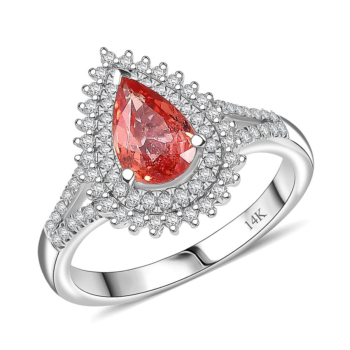 Luxoro 14K White Gold AAA Padparadscha Sapphire, Diamond (I2) Ring (Size 6.0) 1.80 ctw