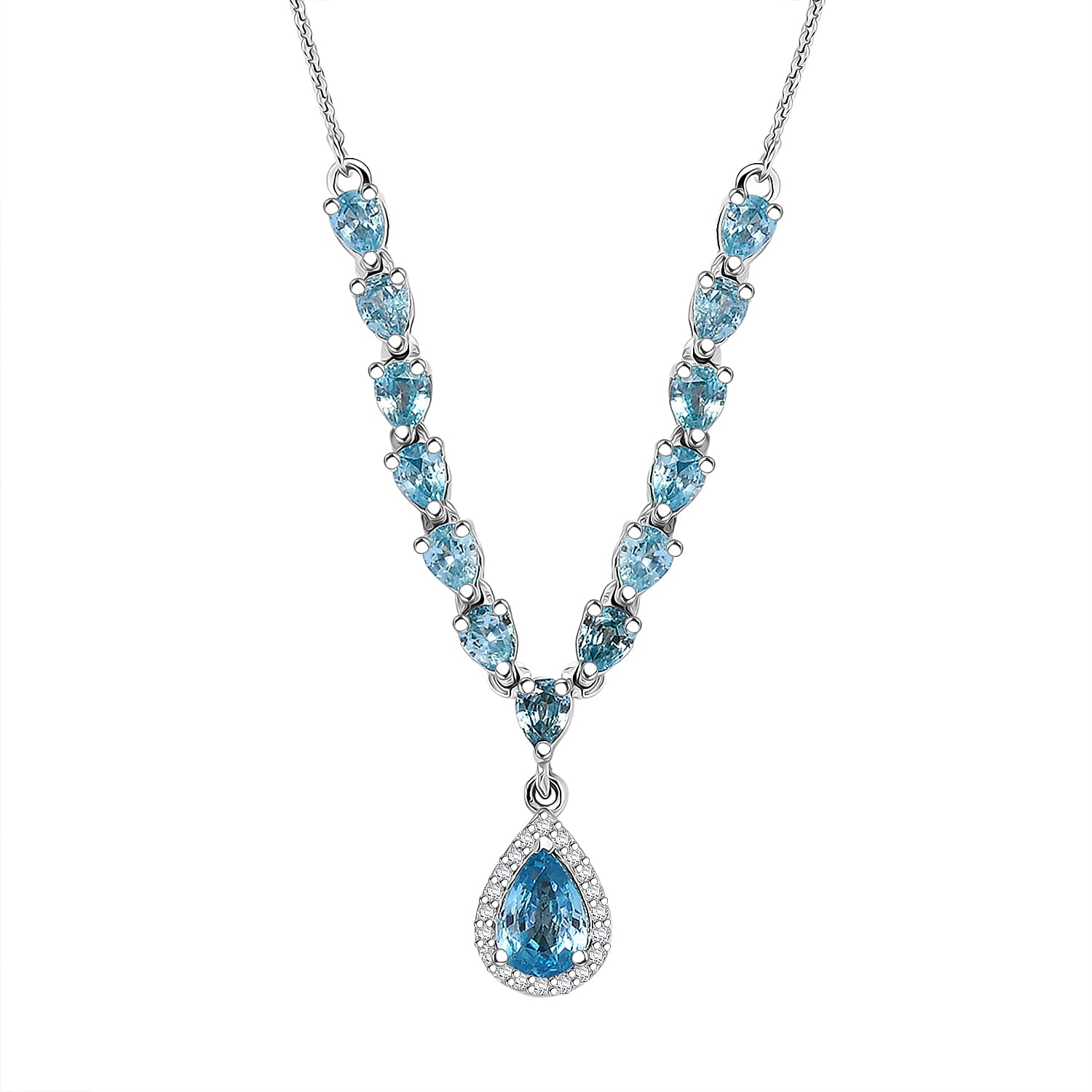 D'Joy Premium Cambodian Blue Zircon and Moissanite 4.50 ctw Dynasty Drip Necklace in Rhodium Over Sterling Silver 18 Inches