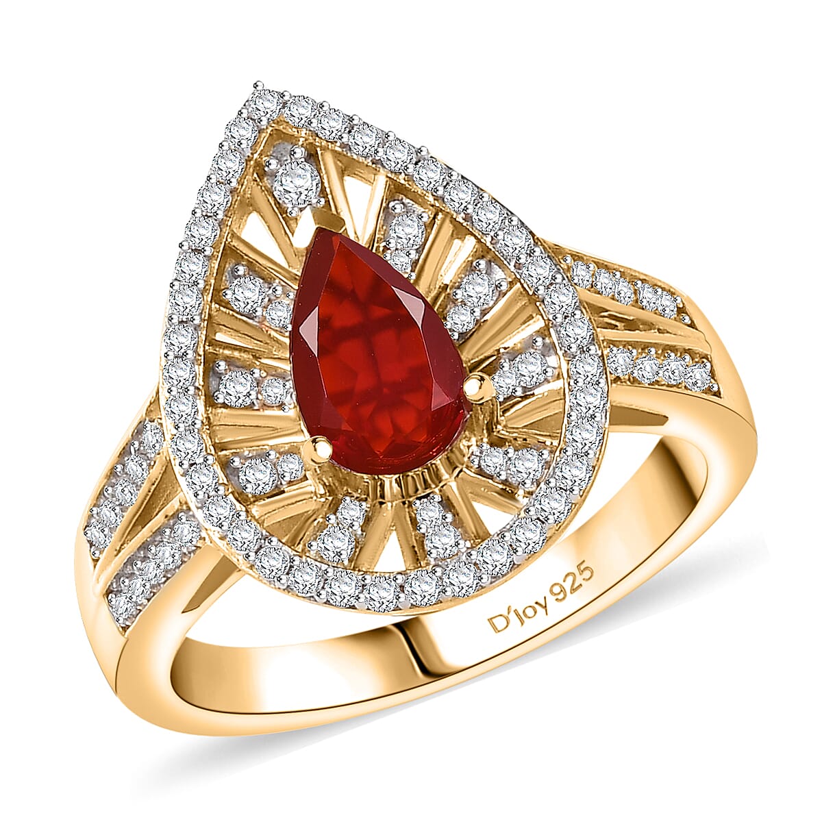 D'Joy Mexican Cherry Fire Opal, Moissanite Ring in 18K Vermeil YG Over Sterling Silver (Size 10.0) 1.00 ctw