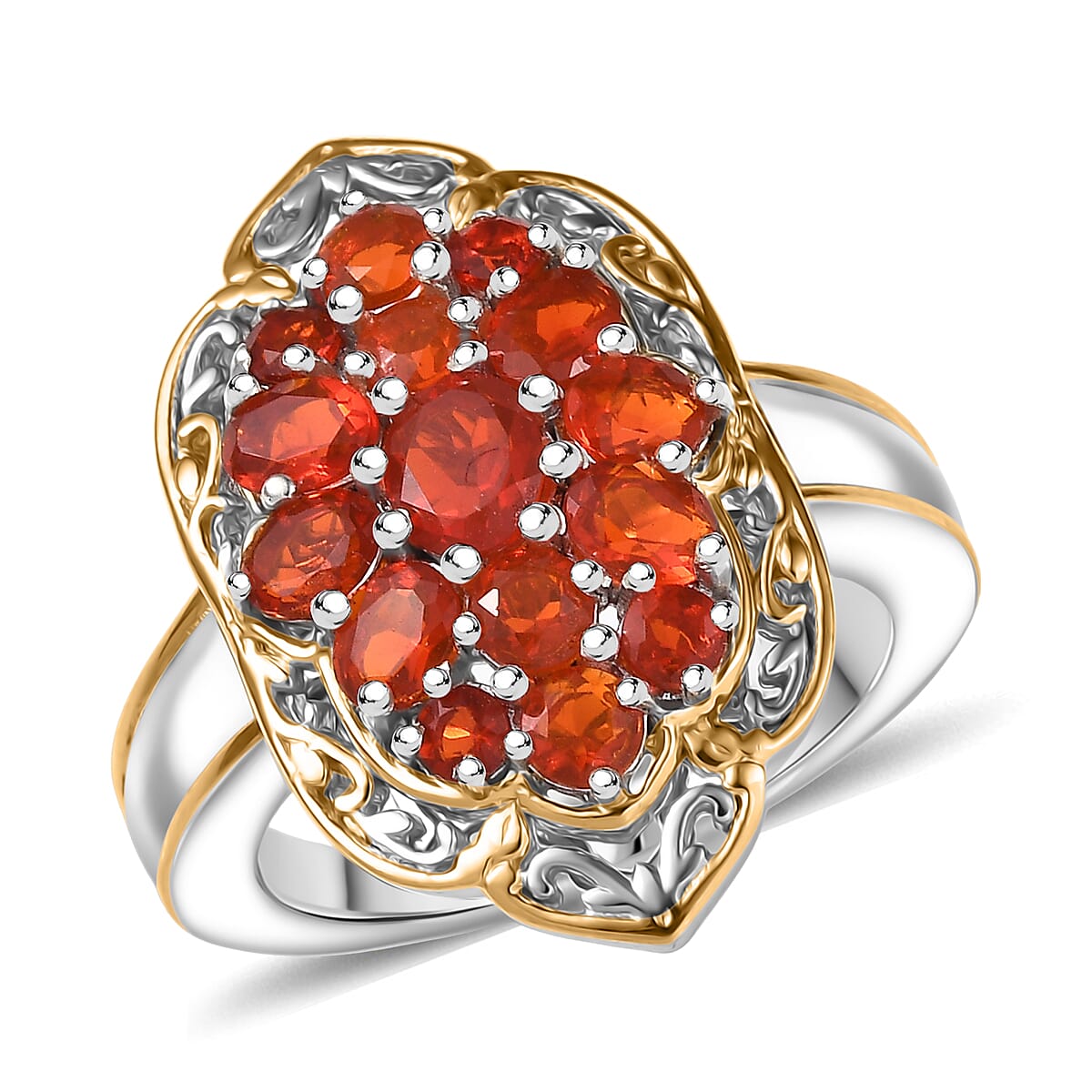 D'Joy Mexican Cherry Fire Opal Ring in 18K Vermeil YG and Rhodium Over Sterling Silver (Size 10.0) 1.65 ctw
