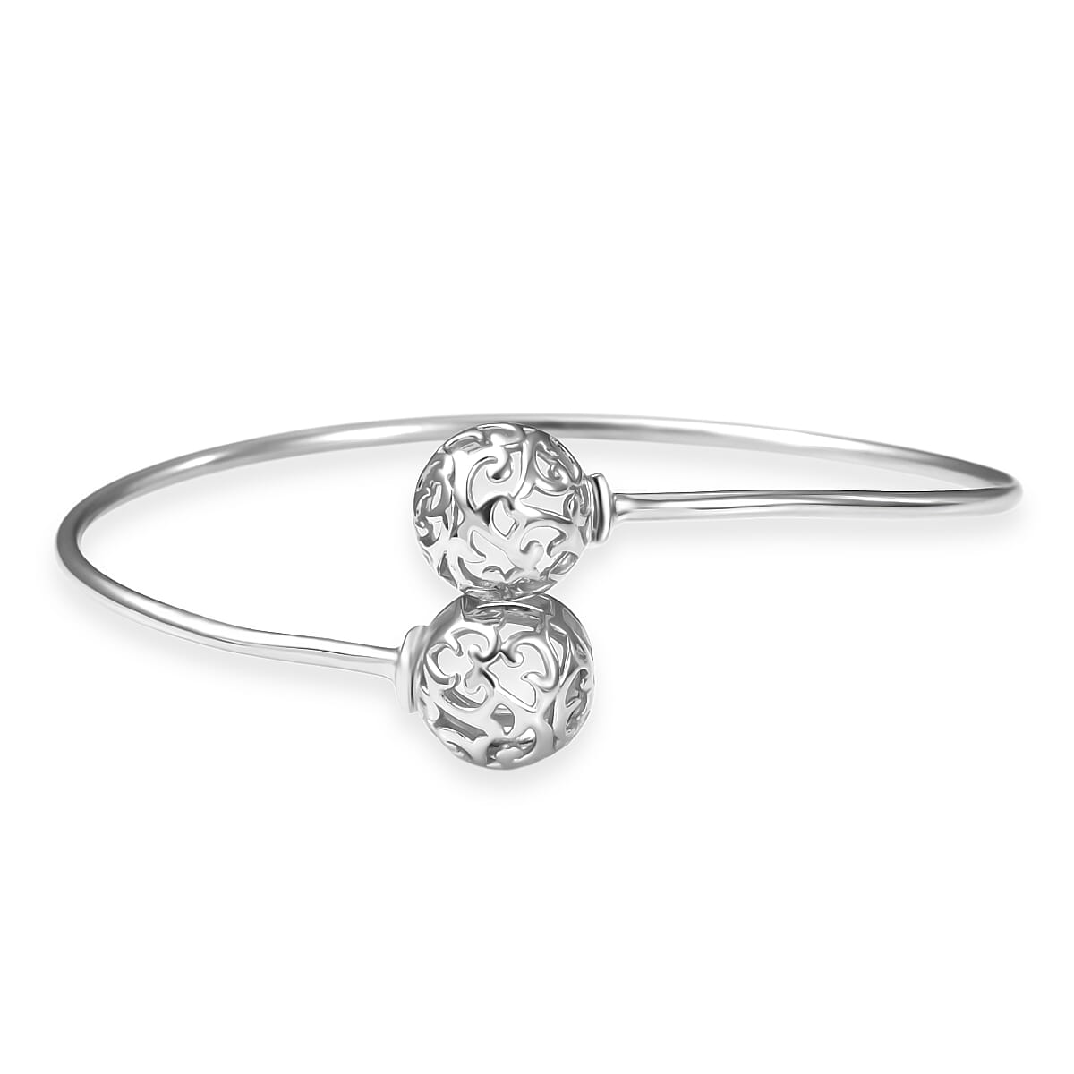 D'Joy Filigree Orb Open Bangle Bracelet in Rhodium Over Sterling Silver (7.25 in) 6.90 Grams