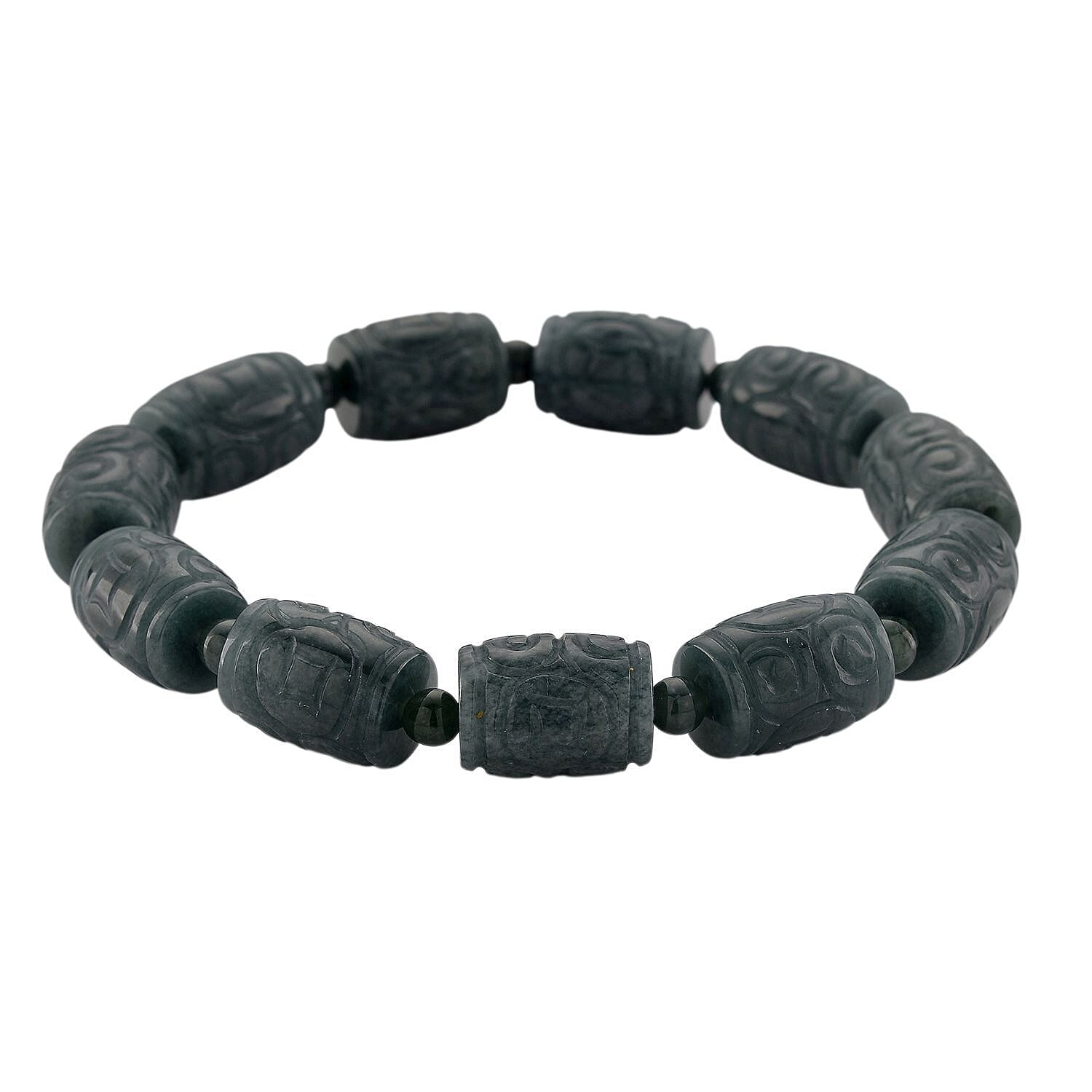 Natural Olmec Jadeite 210.00 ctw Carved Beaded Stretch Bracelet