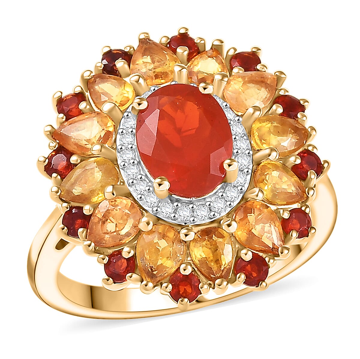 D'Joy Mexican Cherry Fire Opal, Multi Gemstone Ring in 18K Vermeil YG Over Sterling Silver (Size 10.0) 3.40 ctw (1)
