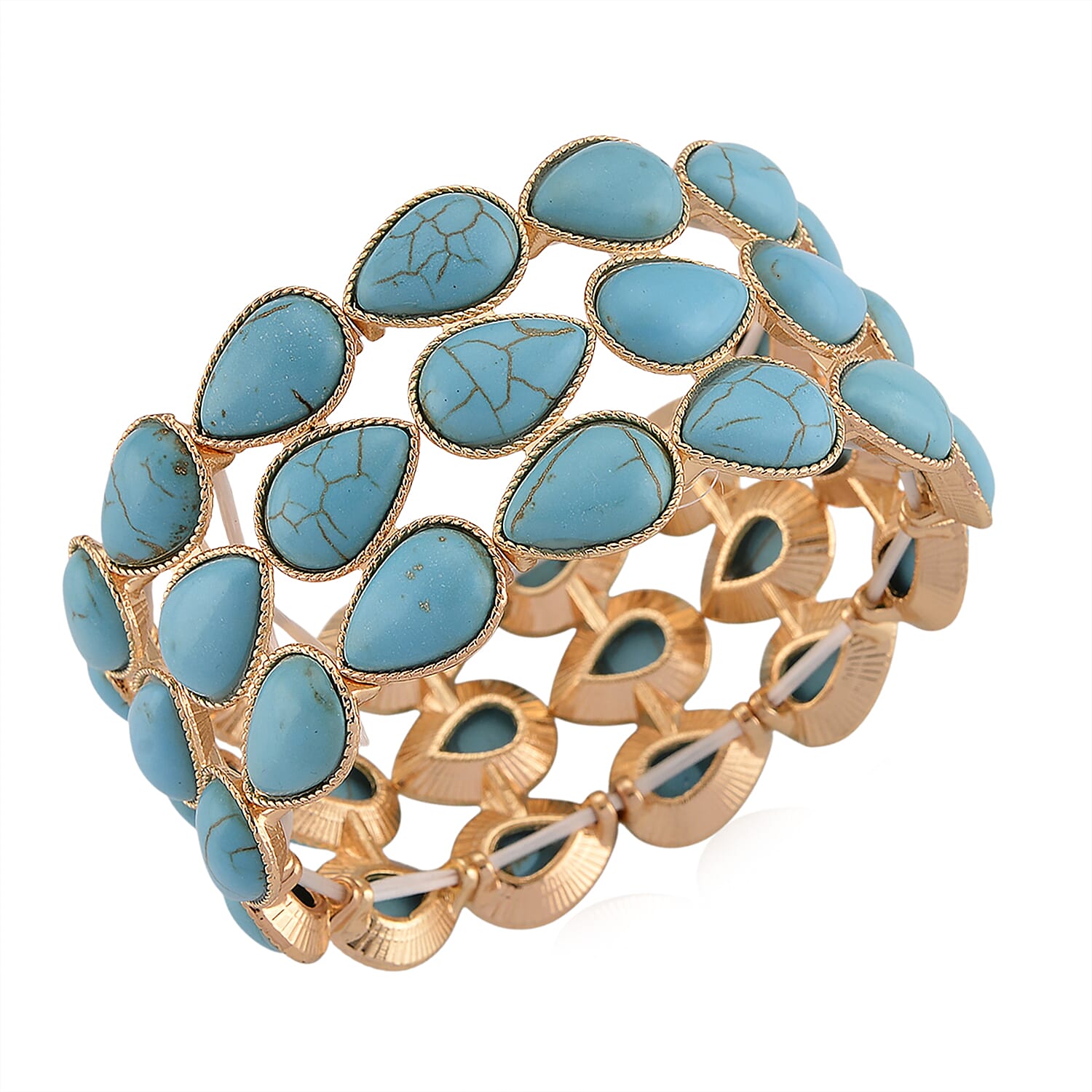 Blue Howlite 34.00 ctw Stretch 3 Row Bangle Bracelet in Goldtone (6.50-7.0In)