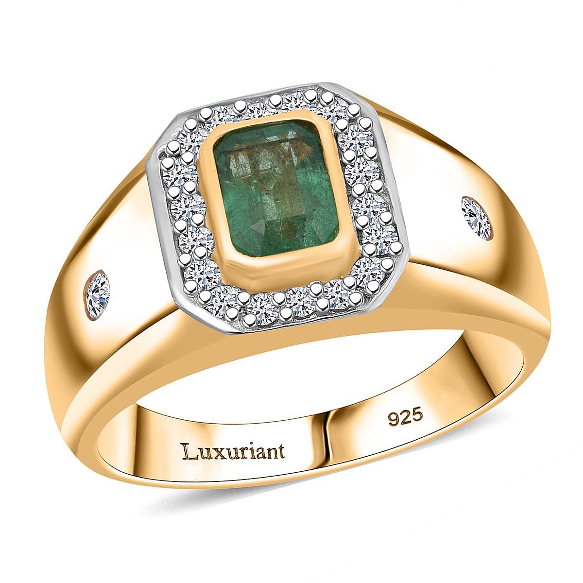Premium Kagem Zambian Emerald and Luxuriant Lab Grown Diamond G-H SI 1.40 ctw Men's Ring in 18K Vermeil Yellow Gold Over Sterling Silver (Size 10.0)