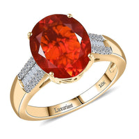 10K Yellow Gold Mexican Cherry Fire Opal, Luxuriant Lab Grown Diamond (E-F, VS) (0.19 cts) Ring (Size 9.5) 3.20 ctw
