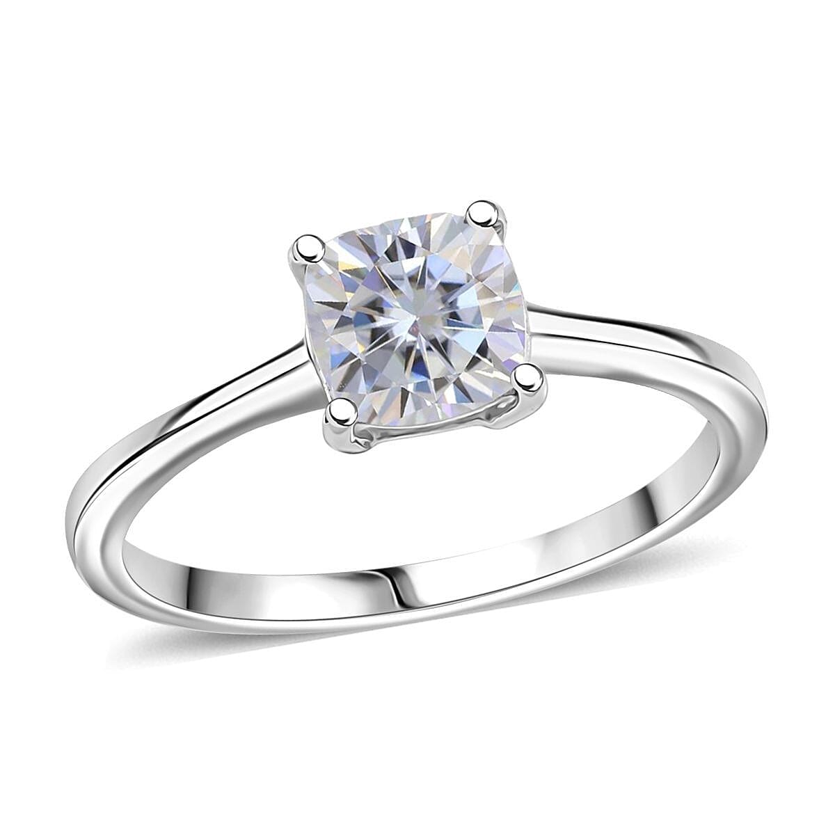 D'Joy Moissanite (Cush 6x6mm) Solitaire Ring in Platinum Over Sterling Silver (Size 10.0) 1.00 ctw