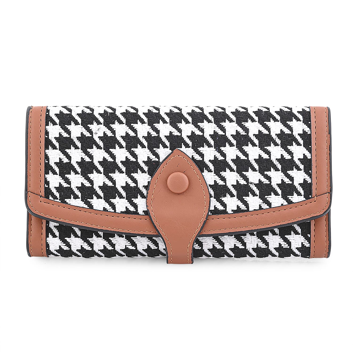 Houndstooth Pattern Faux Leather Wallet with Flip Button