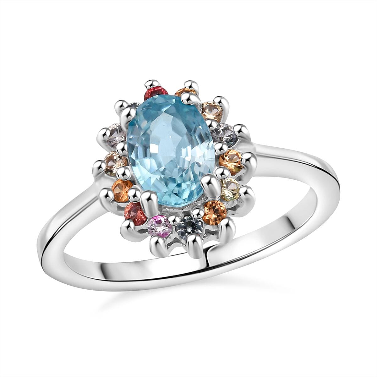 D'Joy Premium Blue Zircon and Multi Sapphire 1.50 ctw Ring in Rhodium Over Sterling Silver (Size 10.0)