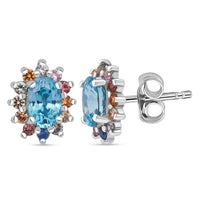 D'Joy Premium Cambodian Blue Zircon and Multi Sapphire 1.85 ctw Royal Bloom Earrings in Rhodium Over Sterling Silver