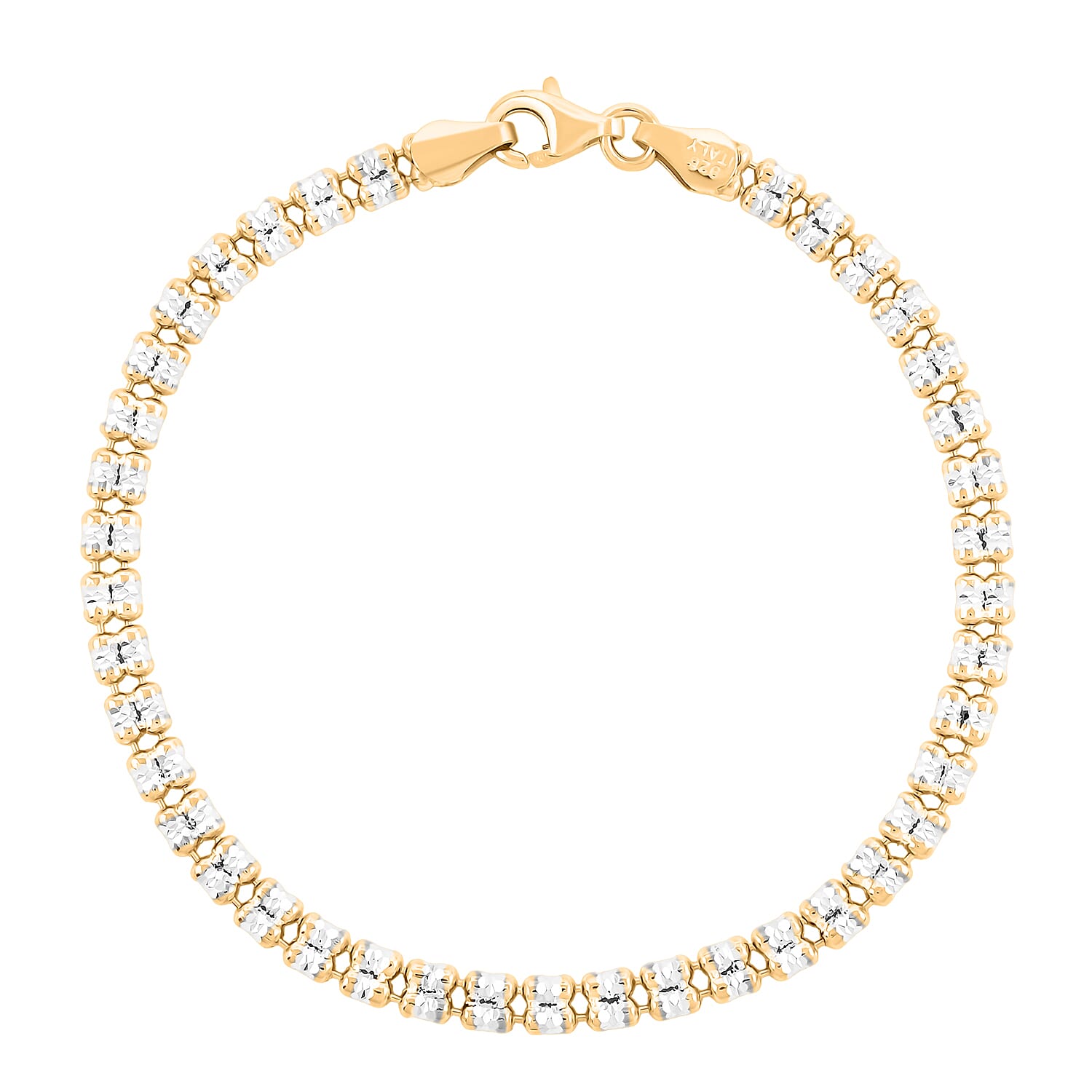 Italian Diamond Cut ICE Round 2 Row Chain Bracelet in 14K YG and Rhodium Over Sterling Silver (7.00 In) 5.31 Grams