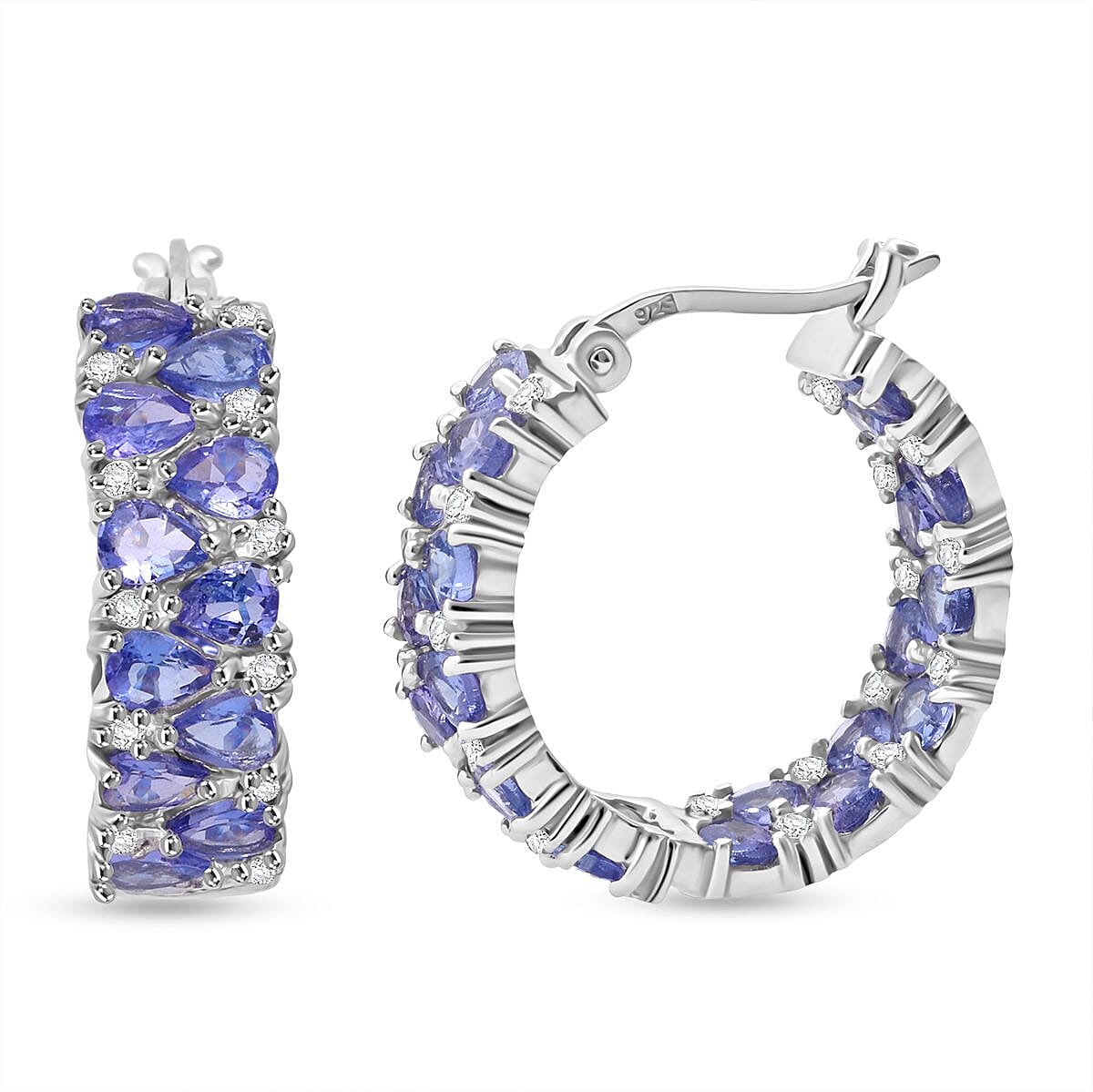 D'Joy Tanzanite and White Zircon 7.00 ctw Royal Cascade Hoop Earrings in Rhodium Over Sterling Silver