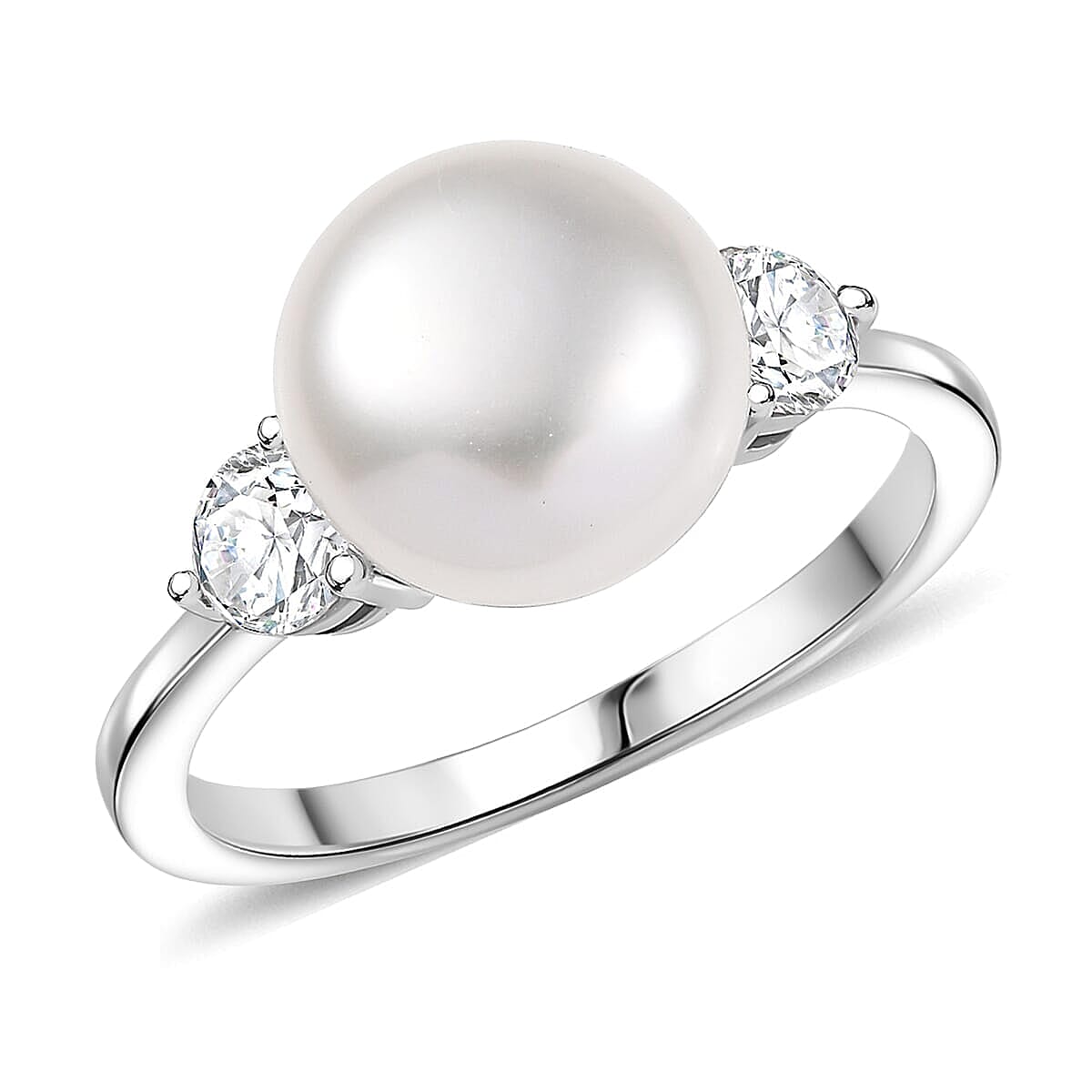 D'Joy Freshwater Pearl and Moissanite 0.50 ctw Ring in Rhodium Over Sterling Silver