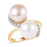 D'Joy Freshwater Peach and White Pearl, White Zircon 0.50 ctw Bypass Ring in 18K Vermeil Yellow Gold Over Sterling Silver