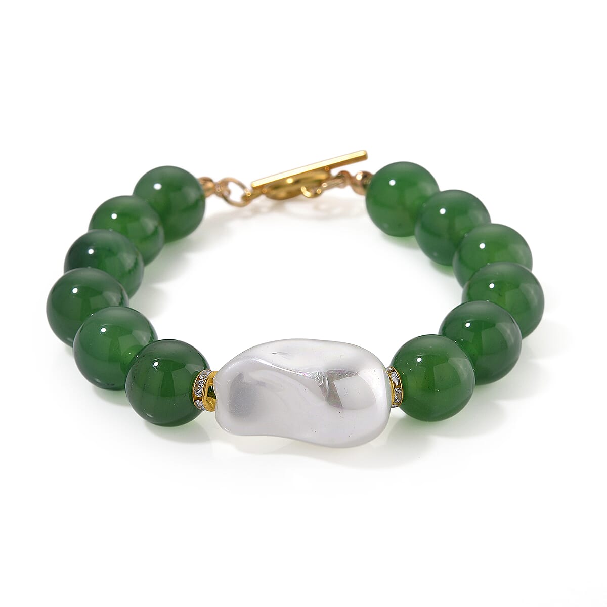 EverTrue Verde Onyx, Baroque White Shell Pearl and Simulated Diamond Bracelet in ION Plated YG Stainless Steel (8.00 In) 135.00 ctw