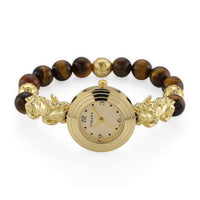 Strada Yellow Tigers Eye and Black Obsidian Japanese Movement Stretch Bracelet Watch with Pixiu Charm (7-7.5In) 30.00 ctw