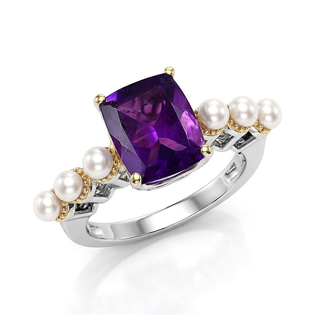 EverTrue African Amethyst, Fresh Water Pearl Ring in 18K YG Plated and Platinum Bond (Size 10.0) 3.00 ctw
