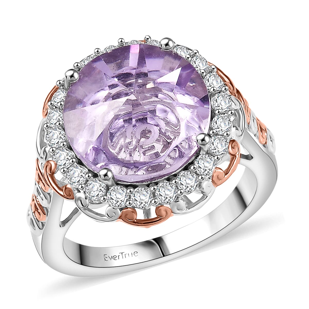 EverTrue Rose De France Amethyst, White Zircon Ring in 18K RG Plated and Platinum Bond (Size 10.0) 6.90 ctw