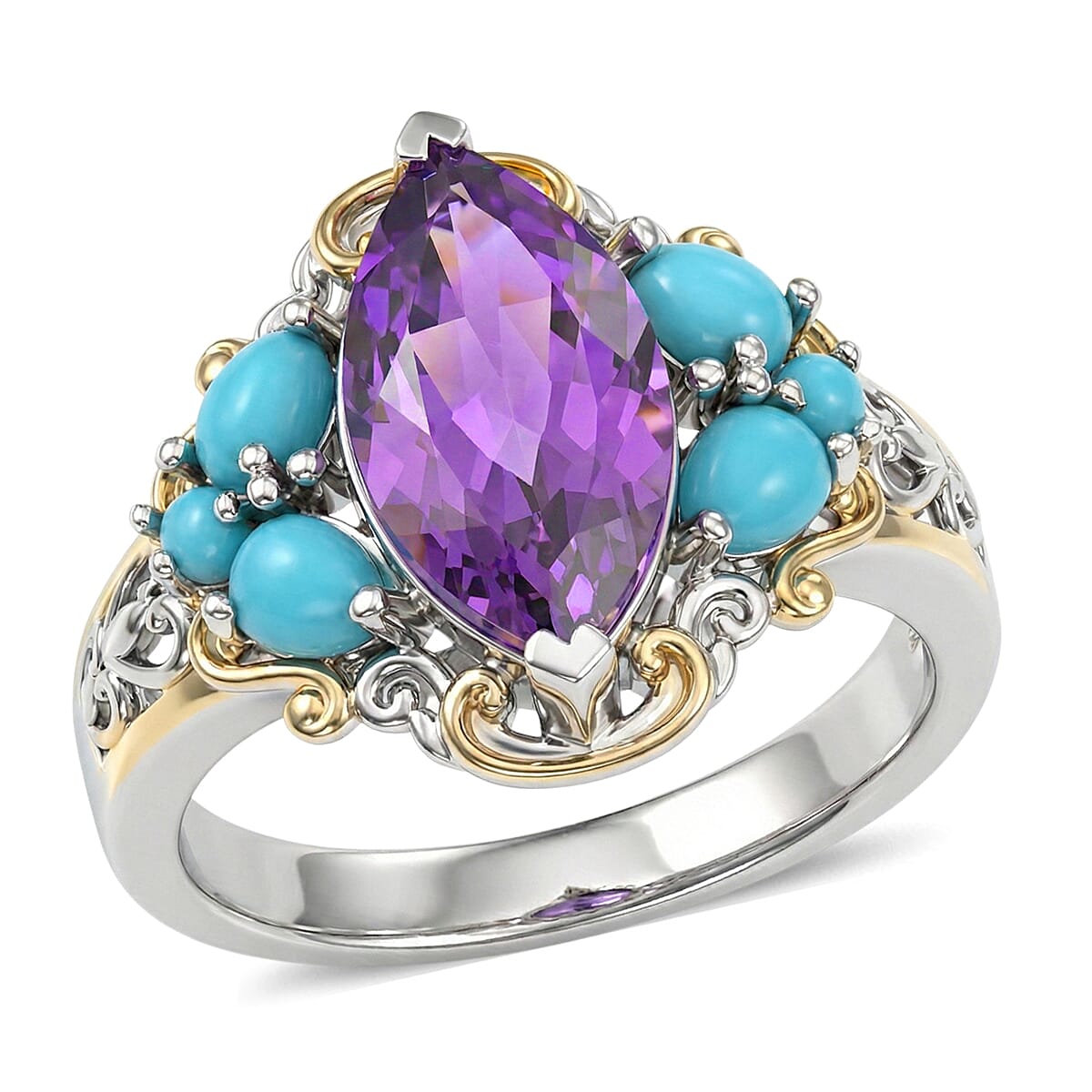 EverTrue Bolivian Amethyst, Lagoon Turquoise Ring in 18K YG Plated and Platinum Bond (Size 10.0) 3.15 ctw