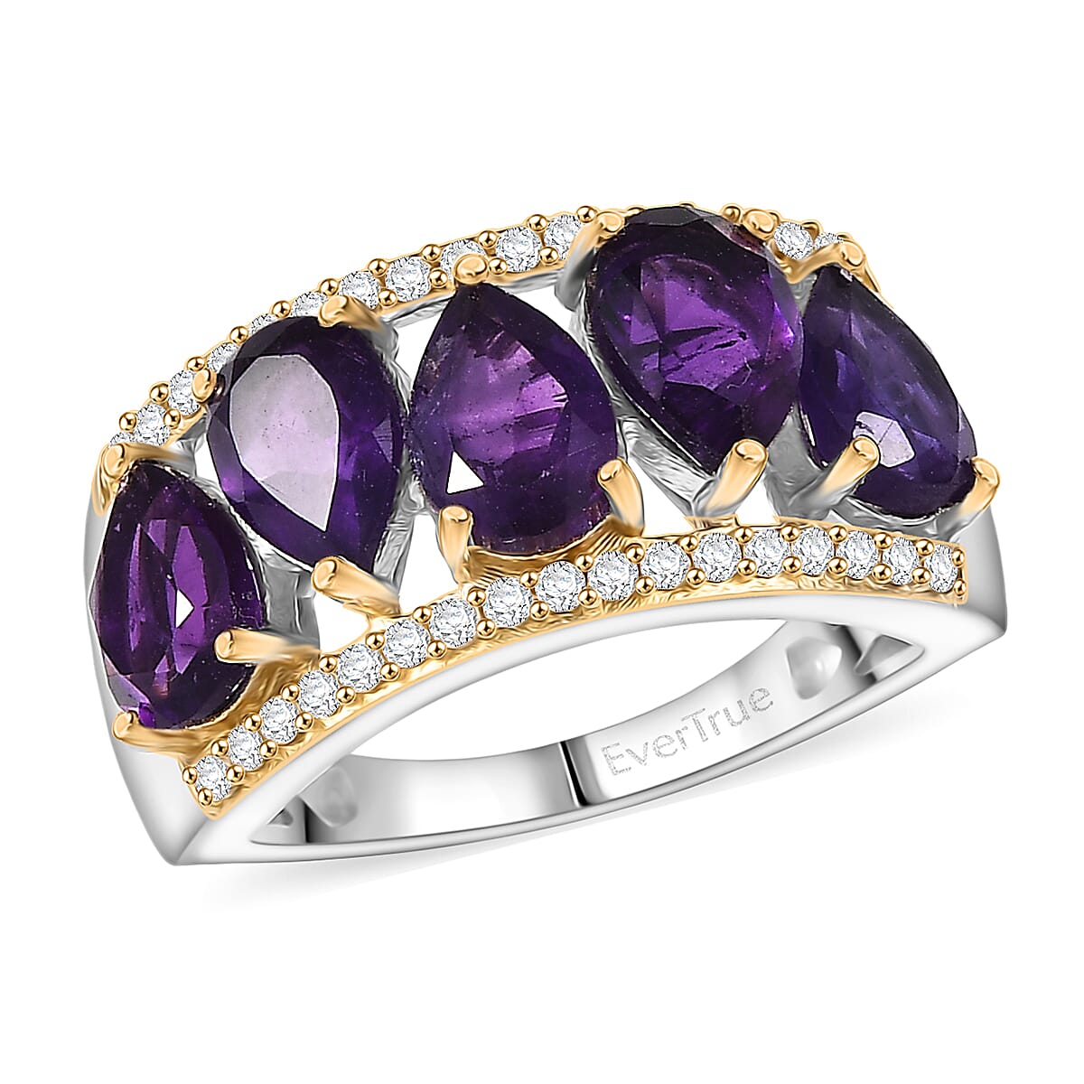 EverTrue African Amethyst, White Zircon Ring in 18K YG Plated and Platinum Bond (Size 5.0) 3.60 ctw