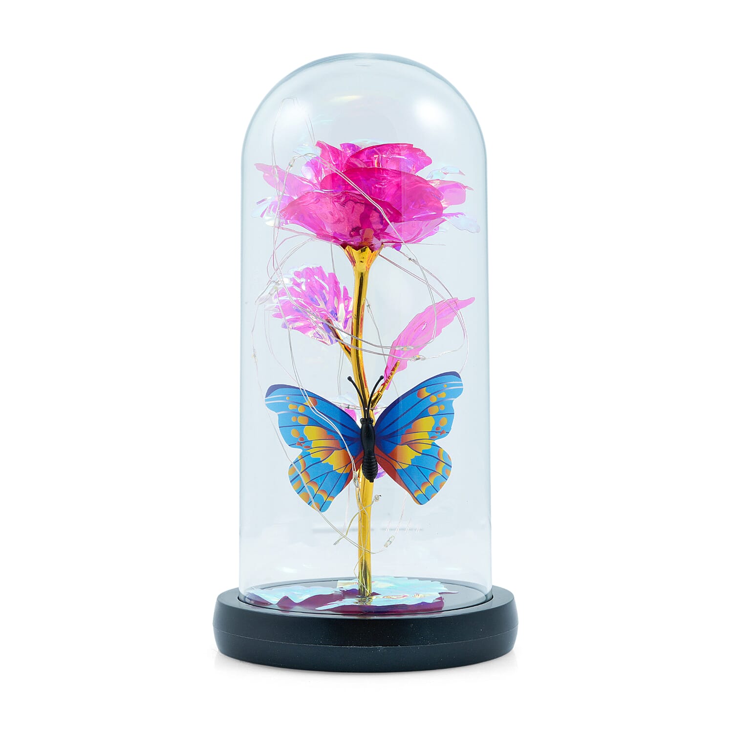 Pink Rose & Butterlfly in Glass Dome with LED Lights