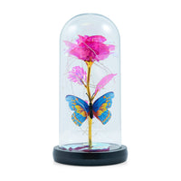 Pink Rose & Butterlfly in Glass Dome with LED Lights