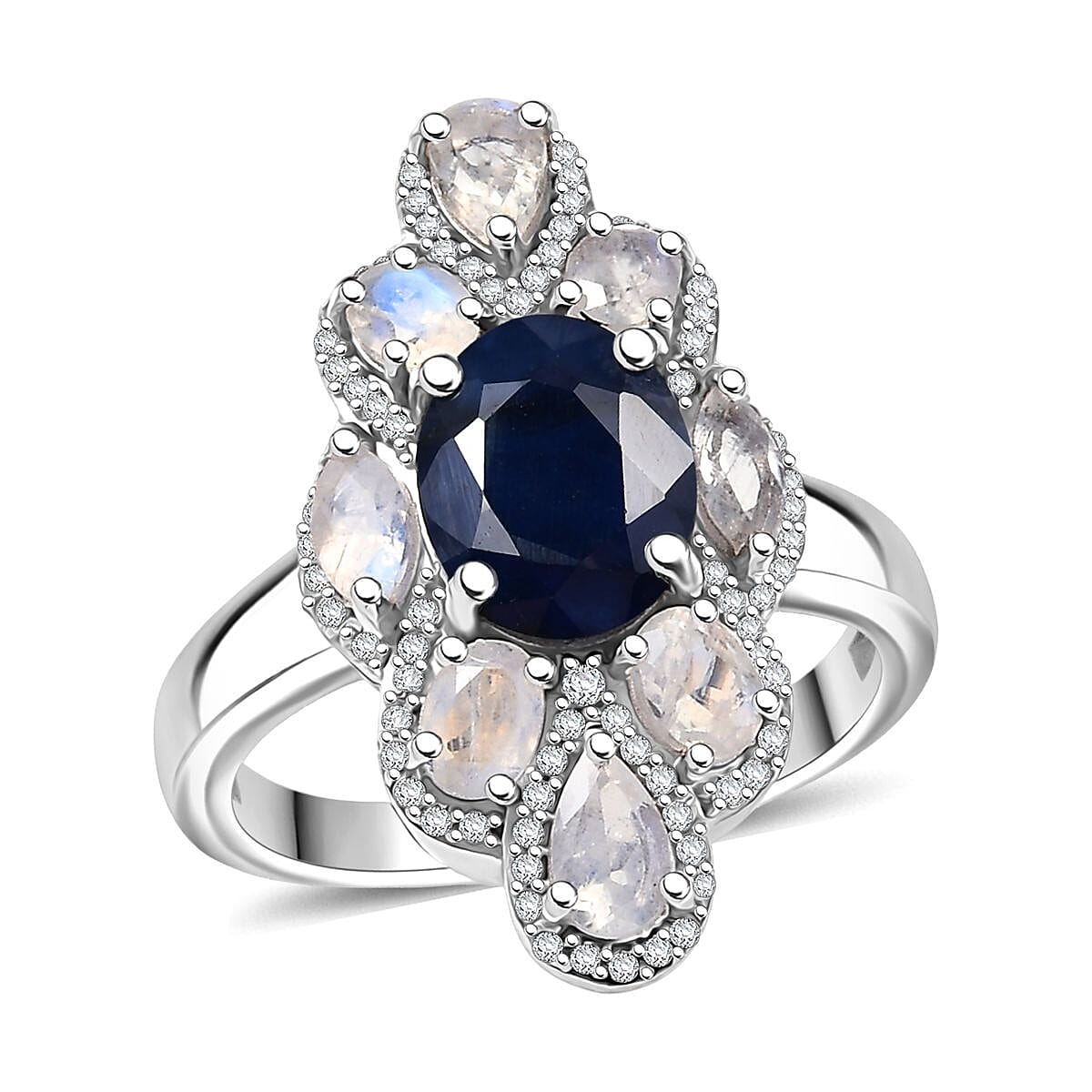 D'Joy Kanchanaburi Blue Sapphire (DF), Multi Gemstone Ring in Rhodium Over Sterling Silver (Size 10.0) 4.85 ctw