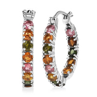 D'Joy Premium Multi-Tourmaline 3.10 ctw Rainbow Hoop Earrings in Rhodium Over Sterling Silver