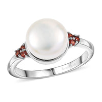EverTrue Freshwater Pearl, Simulated Red Diamond Ring in Platinum Bond (Size 10.0) 0.15 ctw