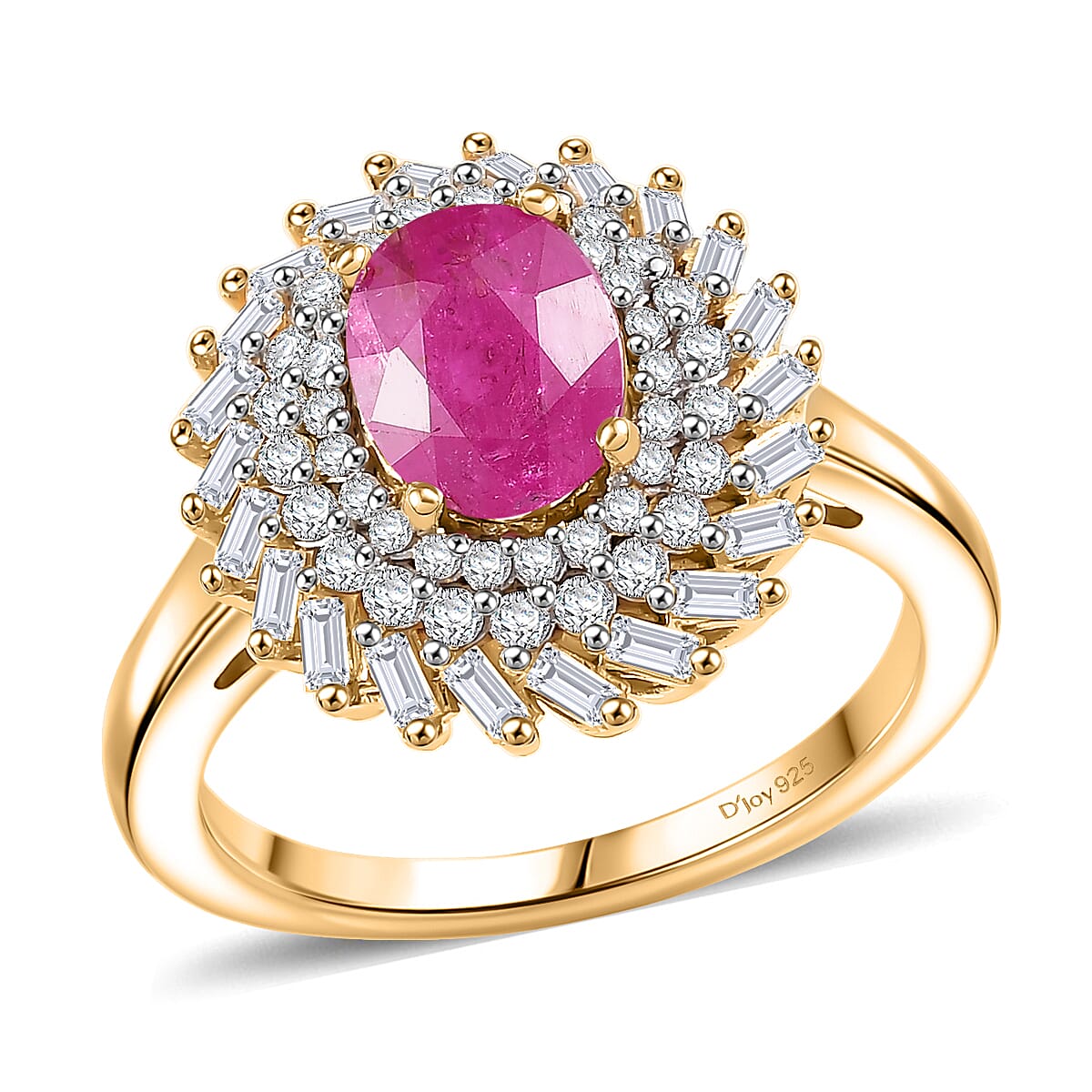 D'Joy AAA Montepuez Ruby and Moissanite 2.15 ctw Sunflare Ring in 18K Vermeil Yellow Gold Over Sterling Silver