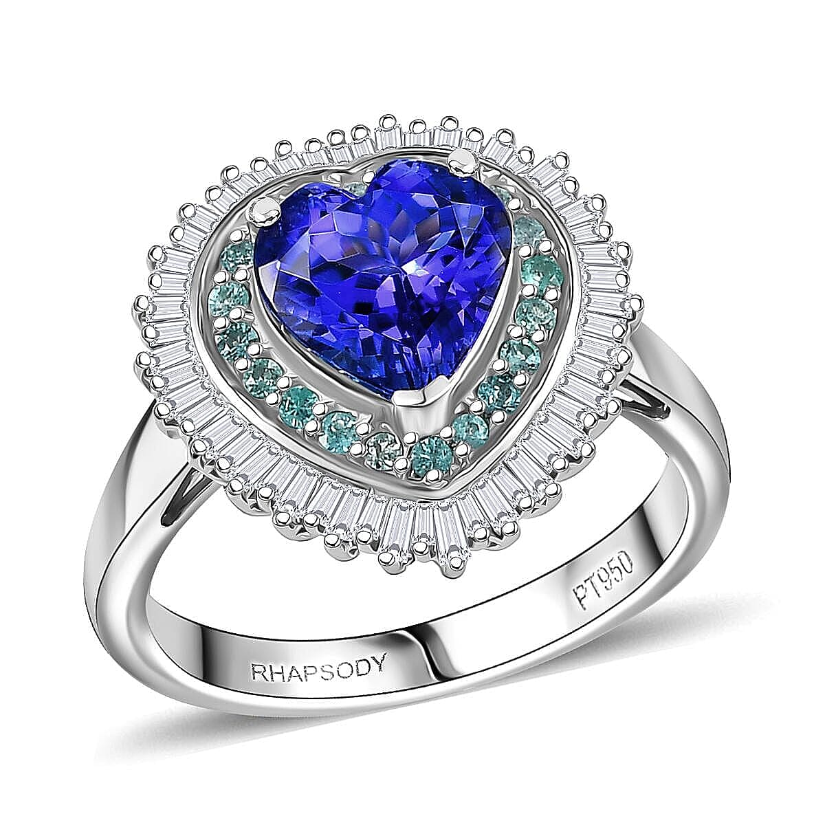 Doorbuster Rhapsody AAAA Tanzanite, Paraiba Tourmaline and Diamond (EF-VS) (0.39 cts) Ring in 950 Platinum (Size 10.0) (6.98 g) 2.60 ctw