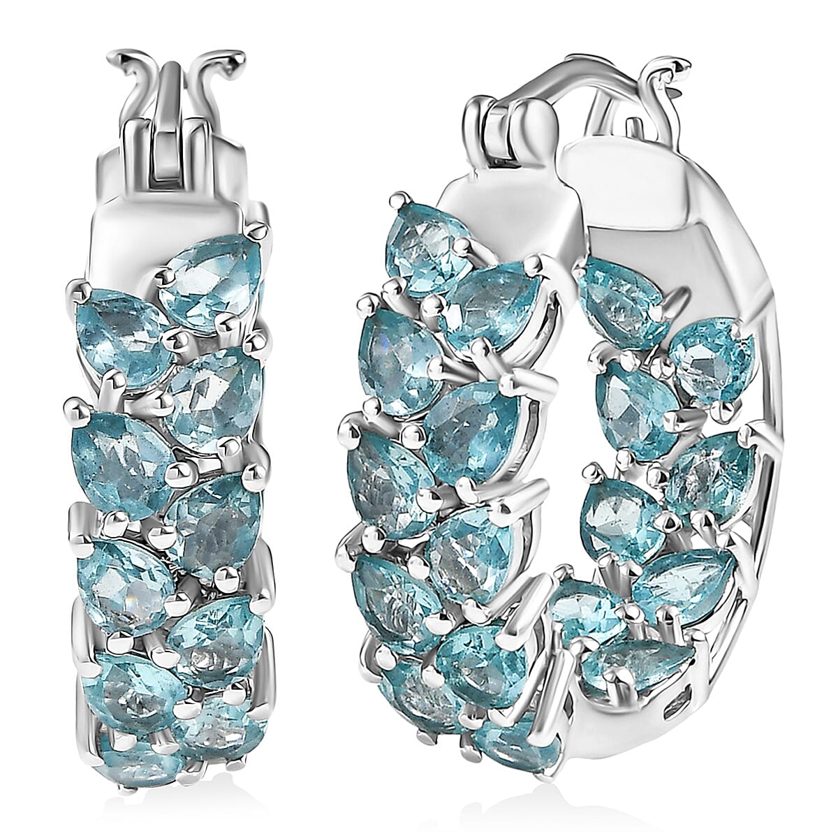 D'Joy Blue Apatite Hoop Earrings in Rhodium Over Sterling Silver 6.10 ctw