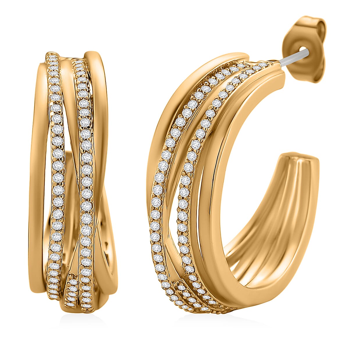 Simulated Diamond Elegant Hoop Earrings in Goldtone