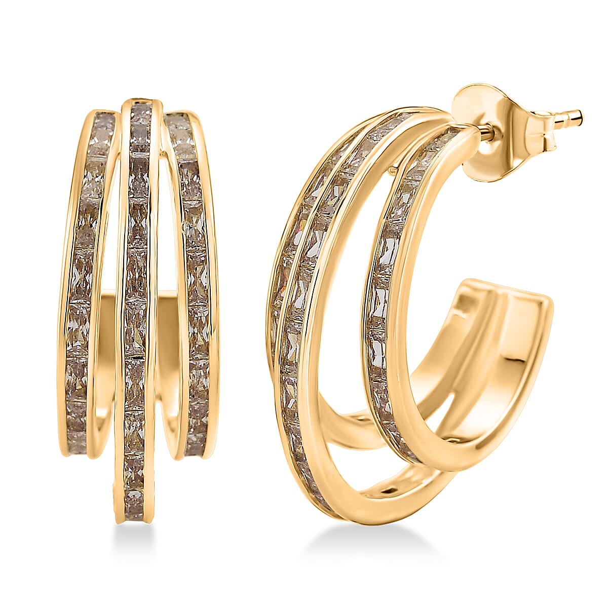 Simulated Diamond Three-Row Brilliance Hoop Earrings in Goldtone