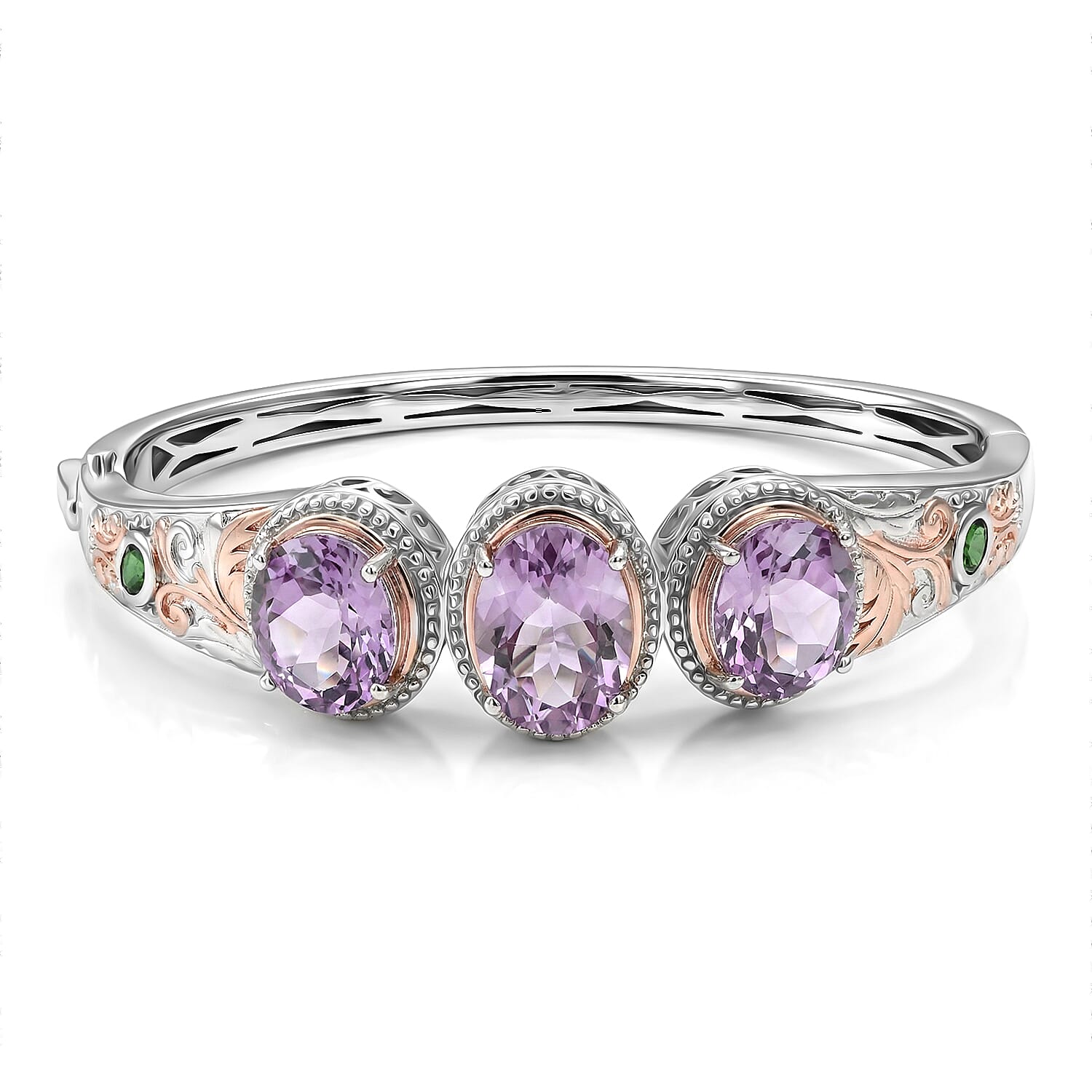 EverTrue Rose De France Amethyst, Chrome Diopside Bangle Bracelet in 18K RG Plated and Platinum Bond (6.50 In) 14.00 ctw