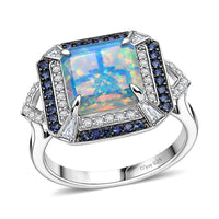 D'Joy Asscher Cut Premium Ethiopian Welo Opal and Multi Gemstone 3.60 ctw Geometric Radiance Ring in Rhodium Over Sterling Silver (Size 10.0)