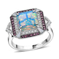 D'Joy Asscher Cut Premium Ethiopian Welo Opal and Multi Gemstone 3.60 ctw Geometric Radiance Ring in Rhodium Over Sterling Silver (Size 10.0) - Sticky add to cart bar