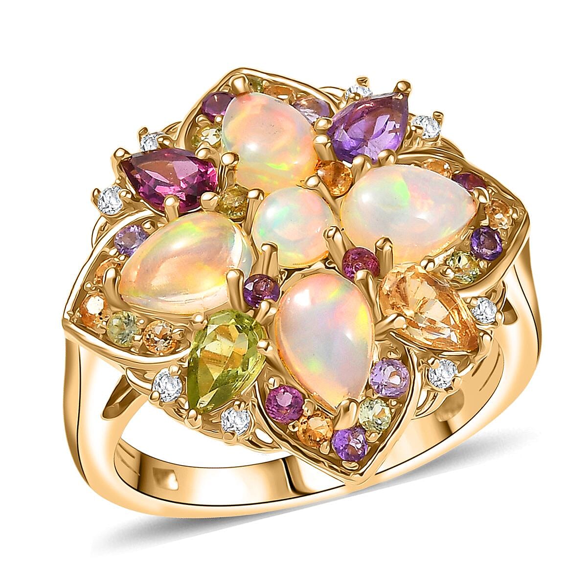 D'Joy Premium Ethiopian Welo Opal, Multi Gemstone Ring in 18K Vermeil YG Over Sterling Silver (Size 10.0) 2.70 ctw