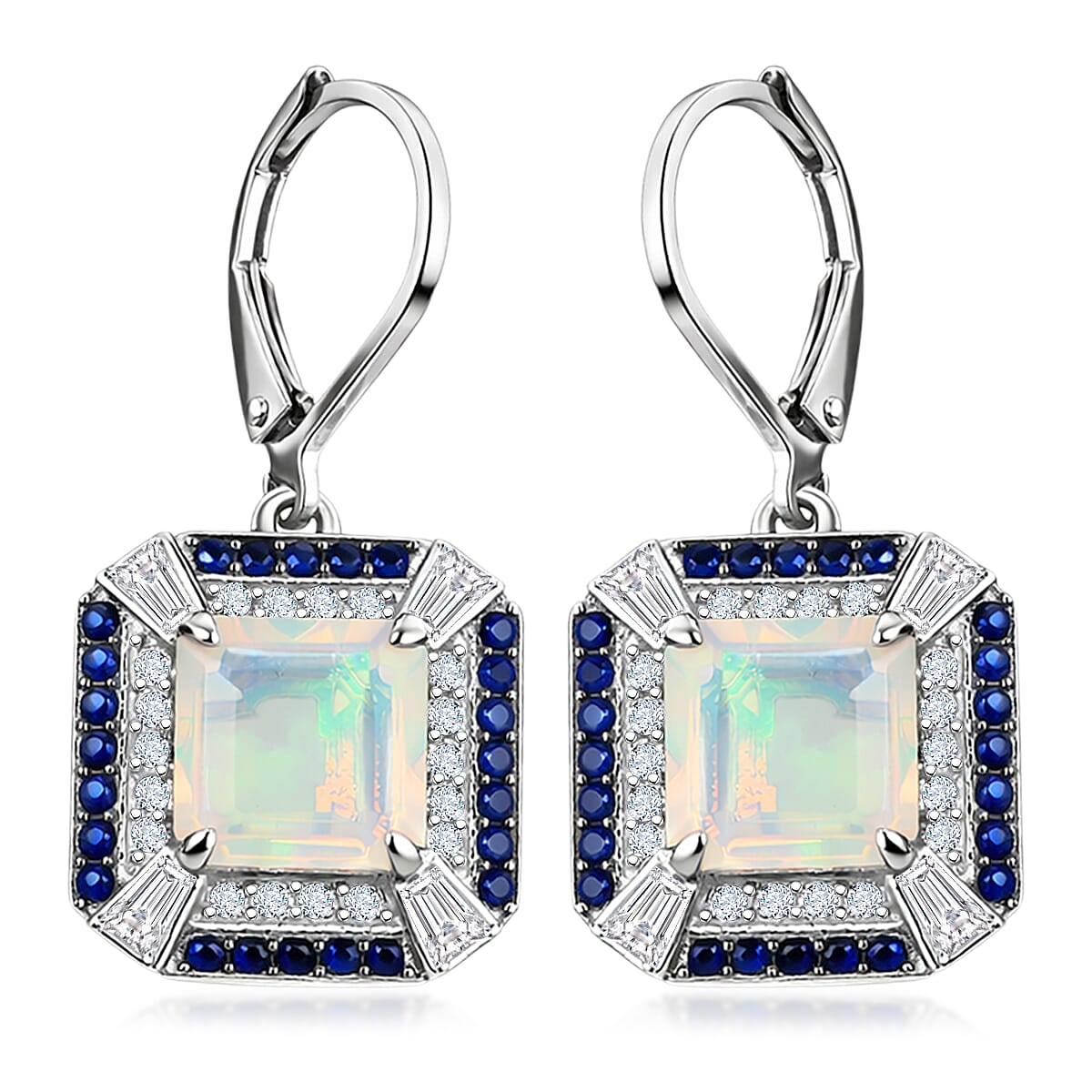 D'Joy Asscher Cut Premium Ethiopian Welo Opal and Multi Gemstone 4.35 ctw Earrings in Rhodium Over Sterling Silver