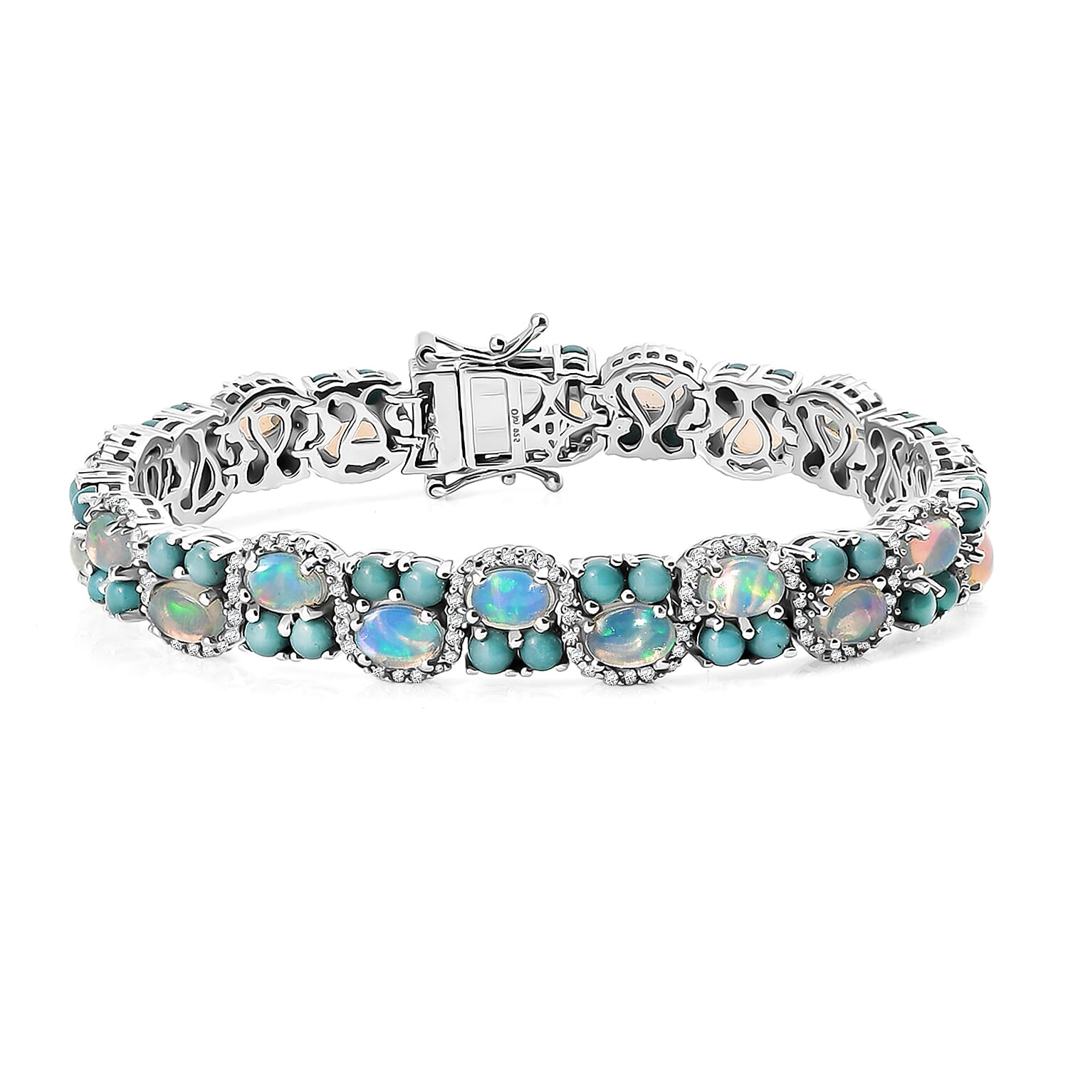 D'Joy Premium Ethiopian Welo Opal, Multi Gemstone Bracelet in Rhodium Over Sterling Silver (7.25 In) 14.50 ctw