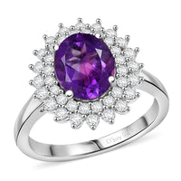 D'Joy African Amethyst ,  White Zircon  Main Stone With Side Stone Ring in Platinum OverSterling Silver 3.80 (Size 10.0) 3.36 ctw