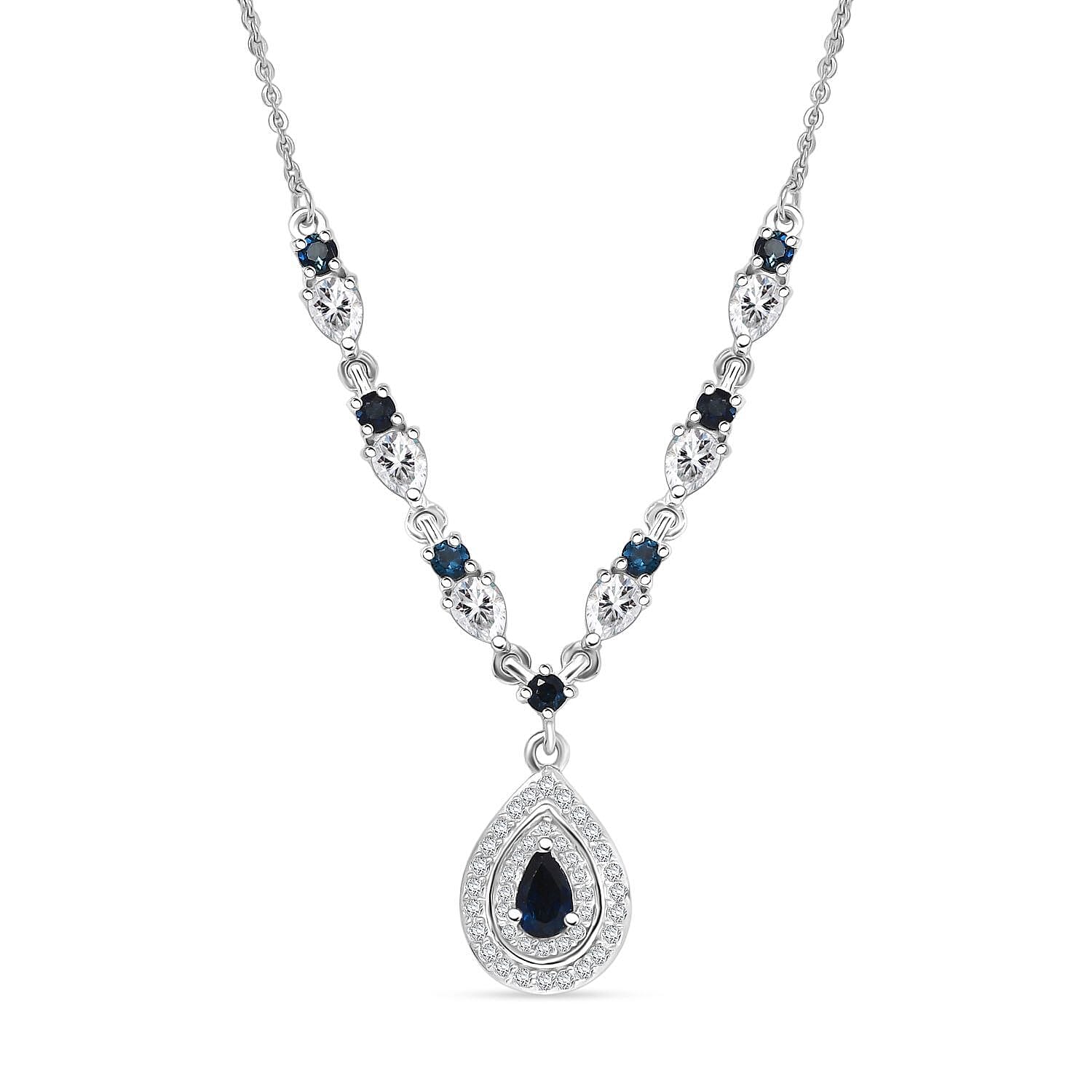 D'Joy AAA Monte Belo Indicolite and Moissanite 1.60 ctw Art Deco Necklace in Rhodium Over Sterling Silver 18 Inches