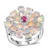GP Premium Ethiopian Welo Opal, Multi Gemstone Ring in Rhodium Over Sterling Silver (Size 10.0) 3.85 ctw
