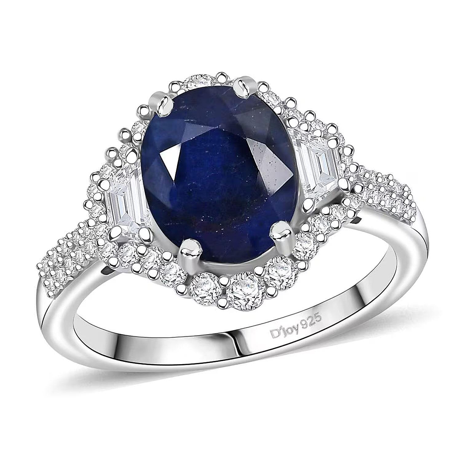 D'Joy Kanchanaburi Blue Sapphire (DF), White Zircon Ring in Rhodium Over Sterling Silver (Size 7.0) 4.30 ctw