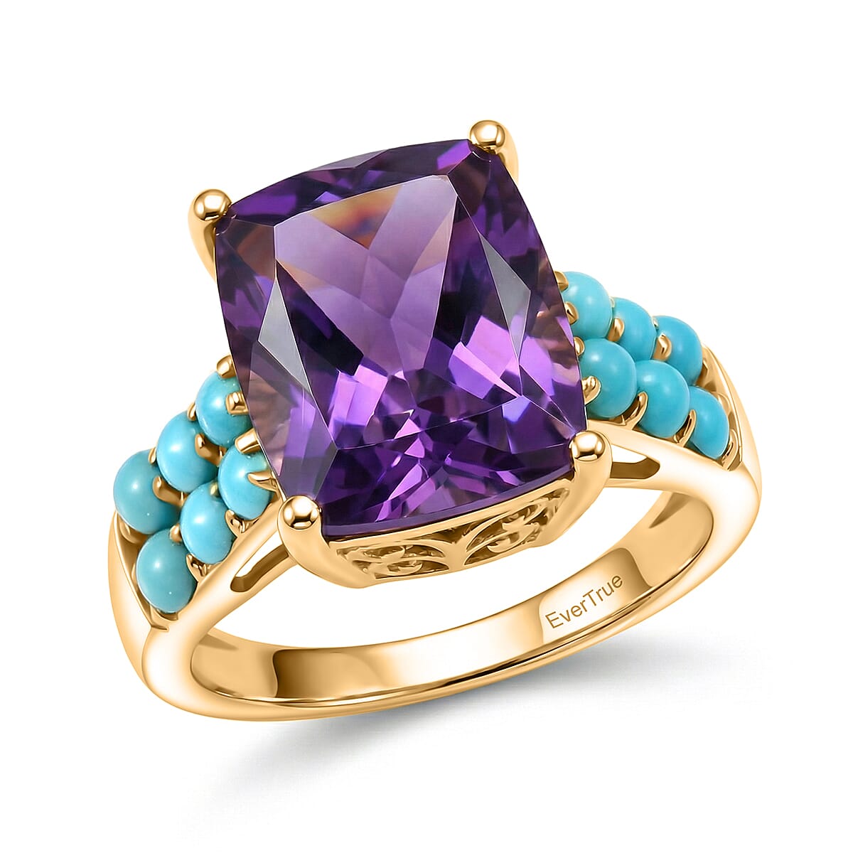EverTrue African Amethyst, Lagoon Turquoise Ring in 18K YG Plated (Size 10.0) 6.00 ctw