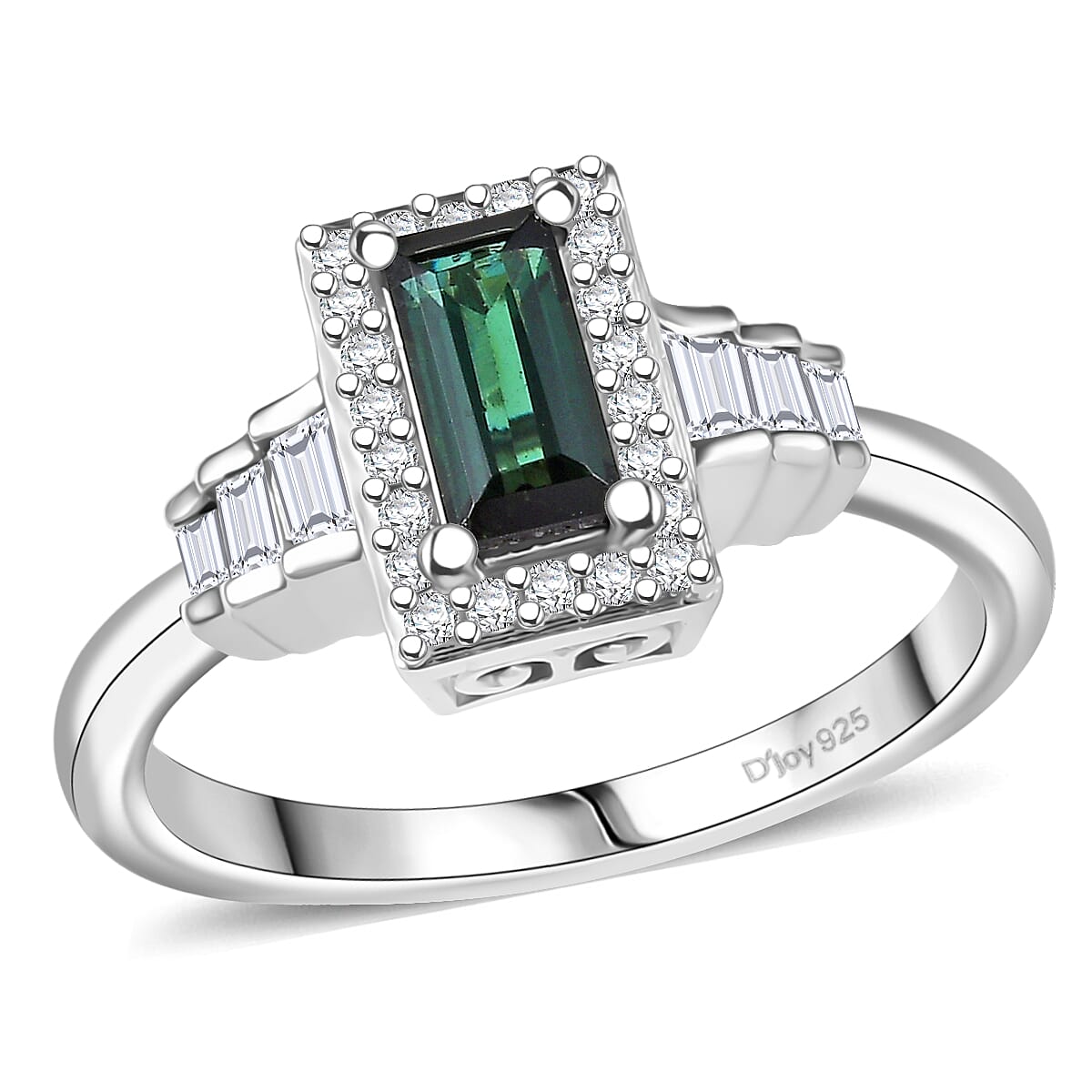 D'Joy AAA Monte Belo Indicolite, White Zircon Ring in Rhodium Over Sterling Silver (Size 6.0) 1.25 ctw