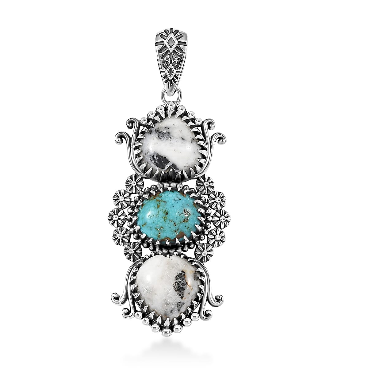 D'Joy Artisan Crafted White Buffalo, Tahoe Nevada Turquoise Pendant without Chain in Sterling Silver 8.90 ctw
