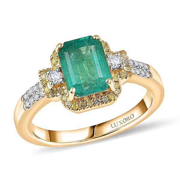 Luxoro 10K Yellow Gold AAA Kagem Zambian Emerald, Natural Yellow and White Diamond (I2) (0.28 cts) Ring (Size 7.0) 1.75 ctw